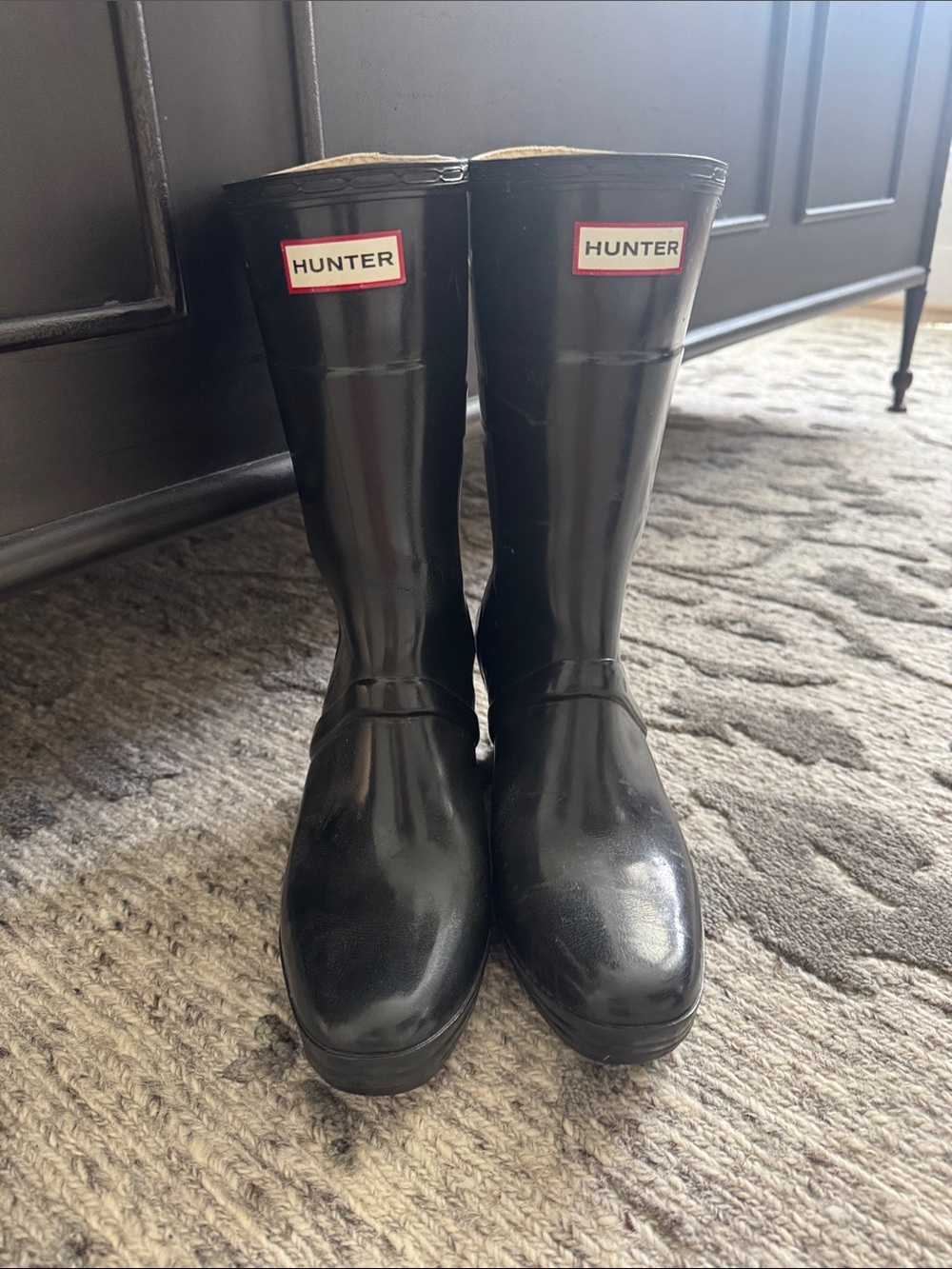 Hunter Woman’s  Black Gloss Tall Rain platform Boots